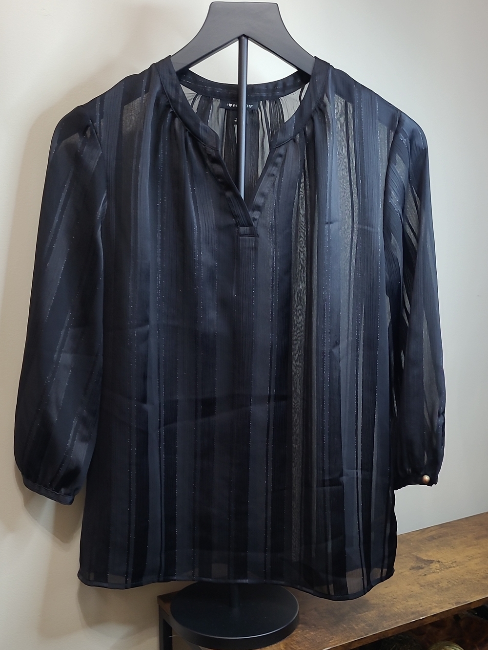 I Heart Ronson Black Sheer Striped V-Neck Blouse size Small